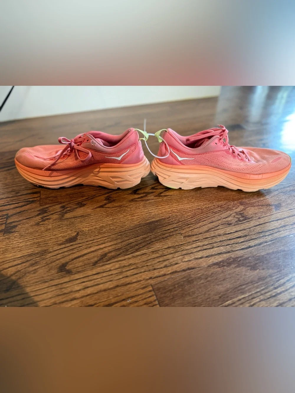 Hoka Women's Coral Pink Bondi 8 Athletic Running Shoes with Mint Accents 10B